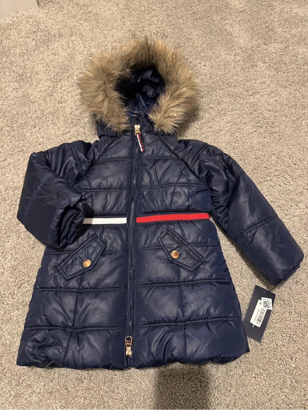 Tommy Hilfiger Navy Puffer Coat with Faux Fur Trim
